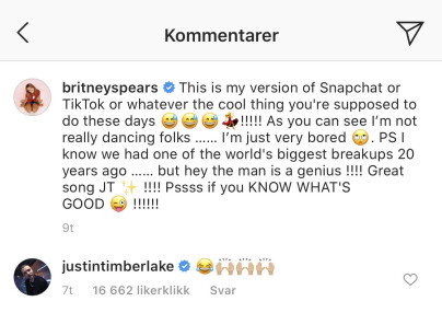 KOMMENTAR: Justin Timberlake er blant de mange som har sett Britney Spears' nye video på Instagram, der hun danser til en av låtene hans. Foto: Skjermdump fra Instagram KOMMENTAR: Justin Timberlake er blant de mange som har sett Britney Spears' nye video på Instagram, der hun danser til en av låtene hans. Foto: Skjermdump fra Instagram